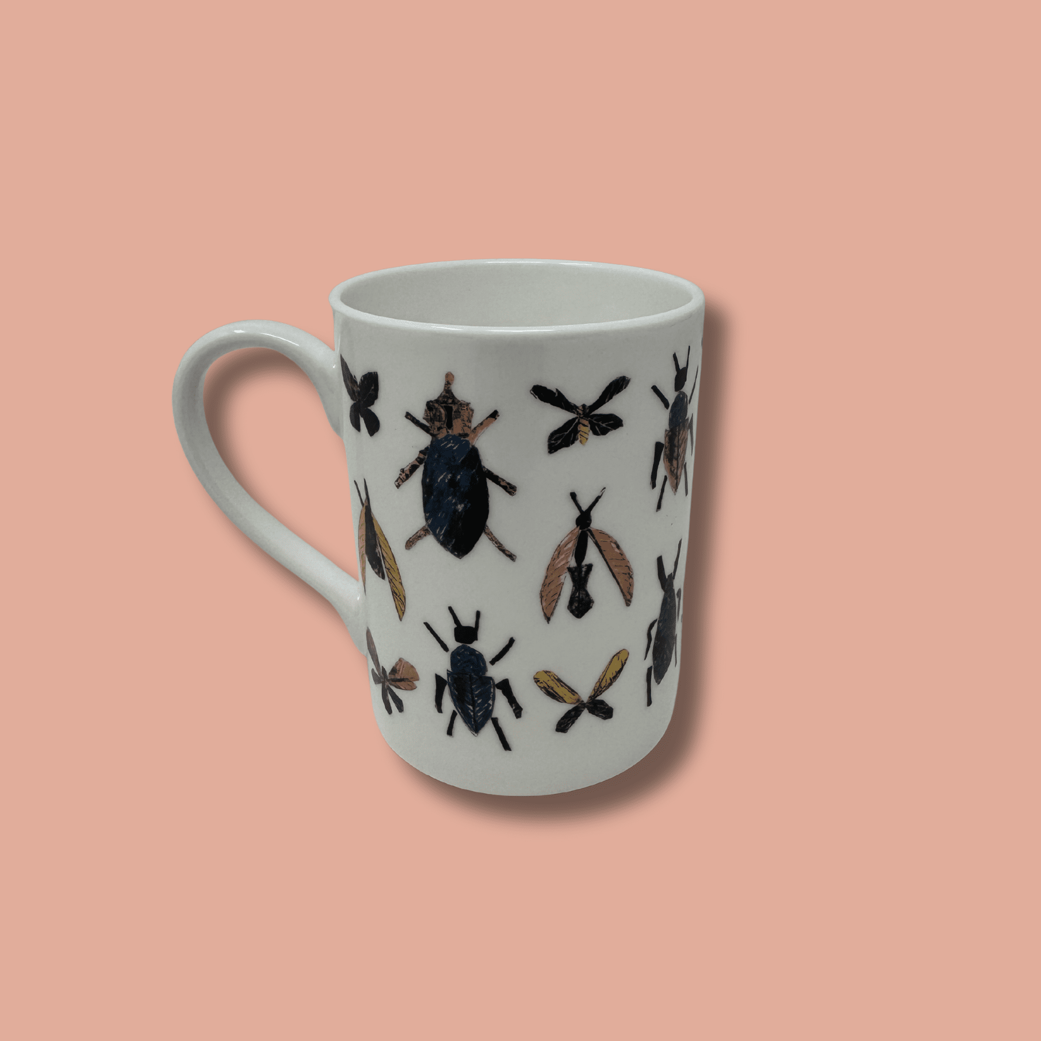 Insect print mug side view handle to left