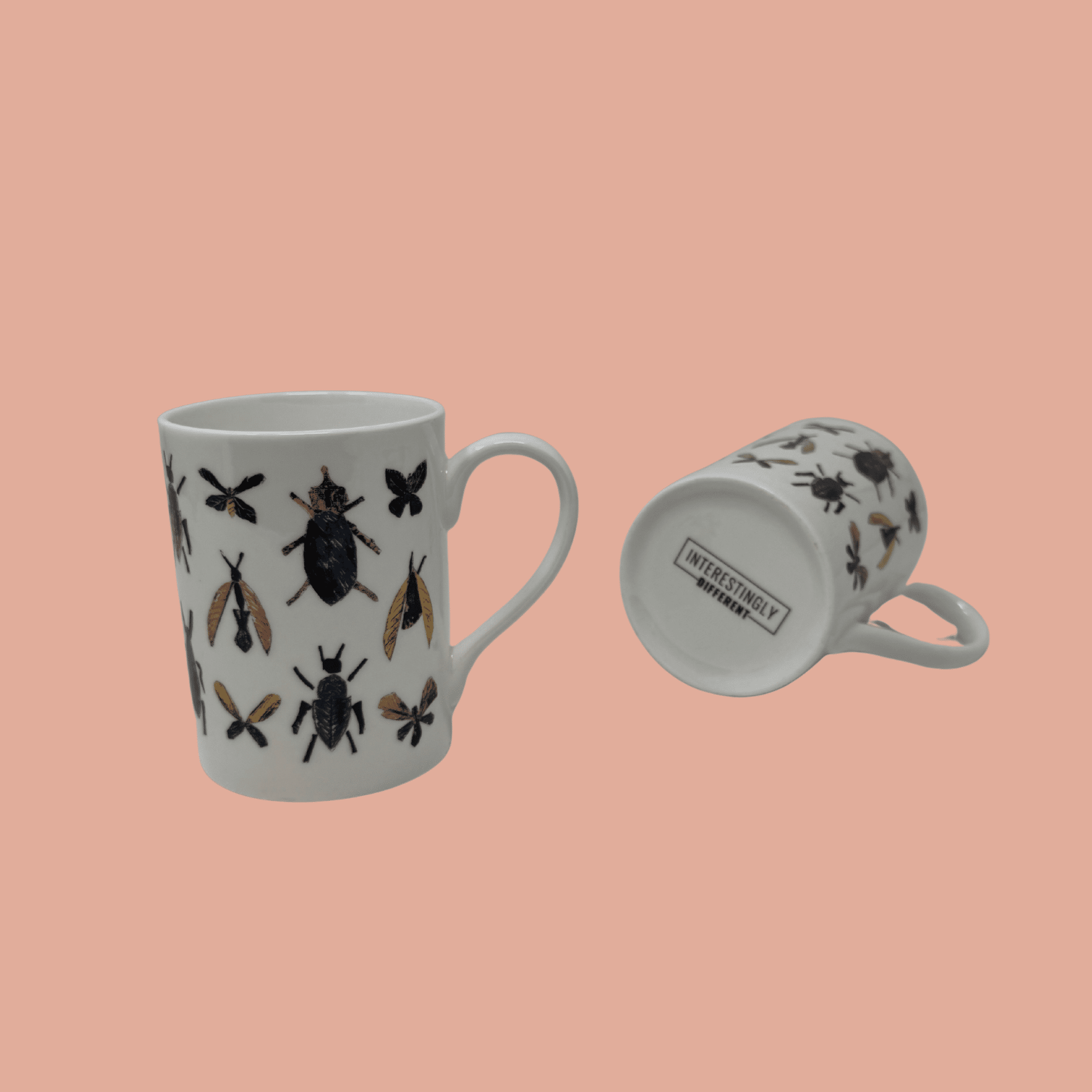 Insect print mug side and bottom views