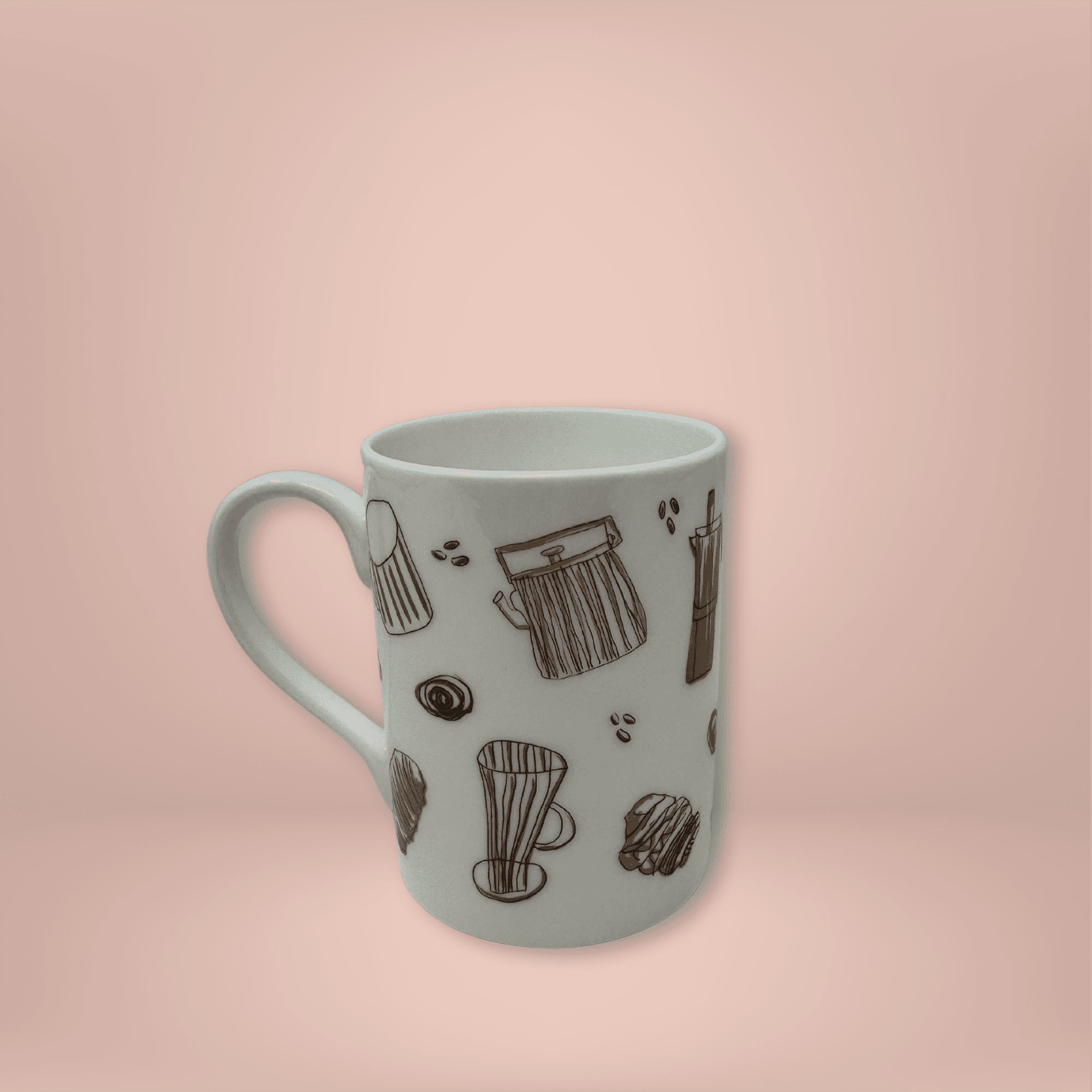 individual mug with bakery inspired print handle on left