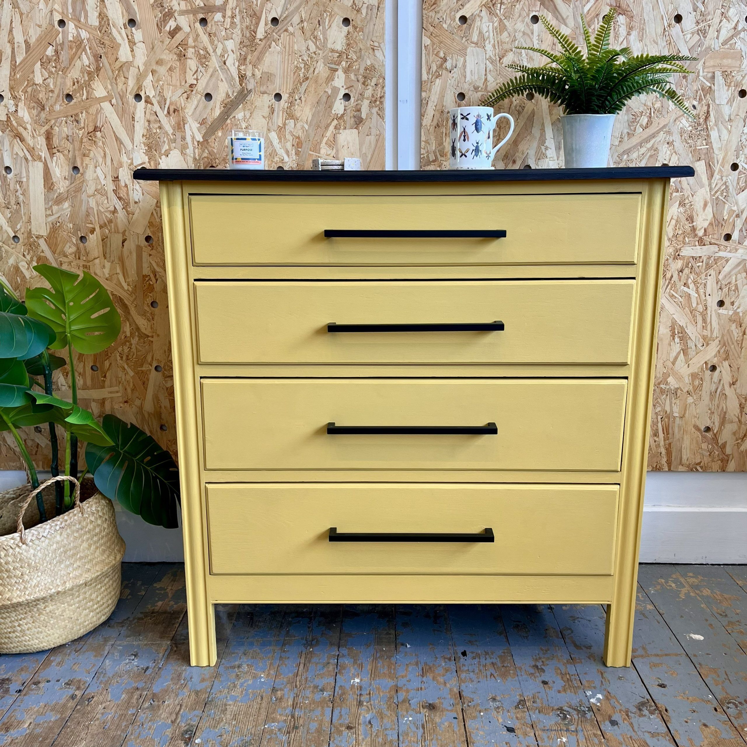 mustard yellow chest of four drawers