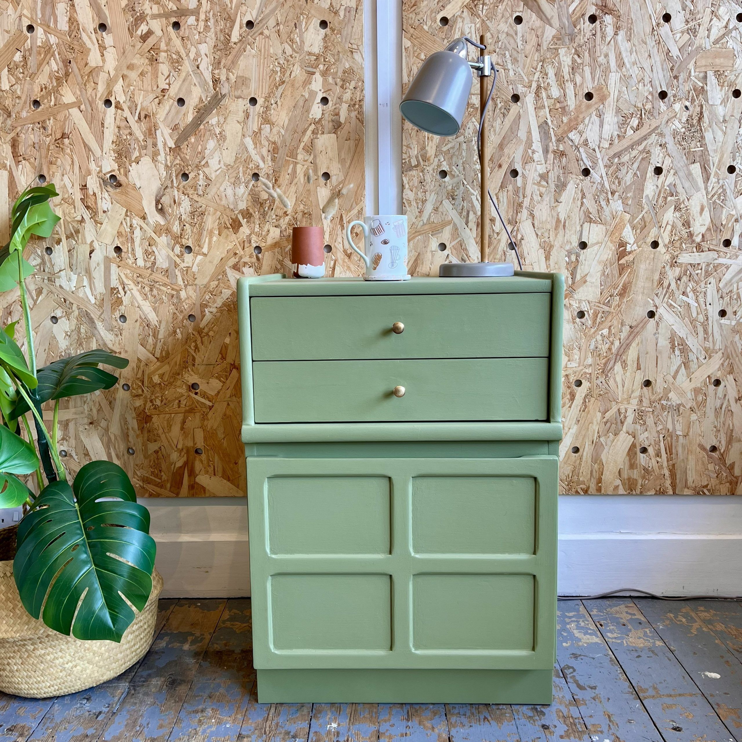 Midcentury two drawer cabinet in sage green