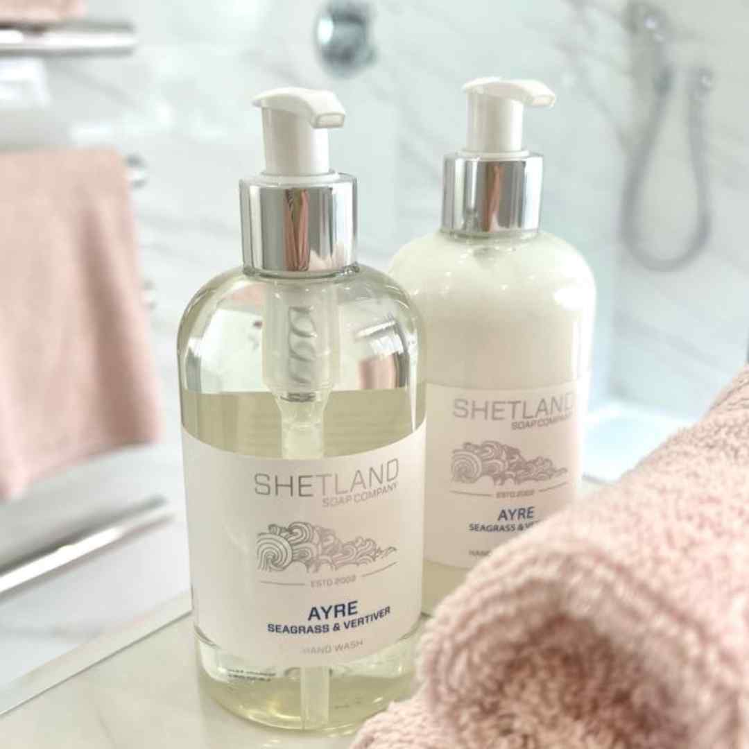 shetland soap company ayre hand wash and lotion duo with pink towel