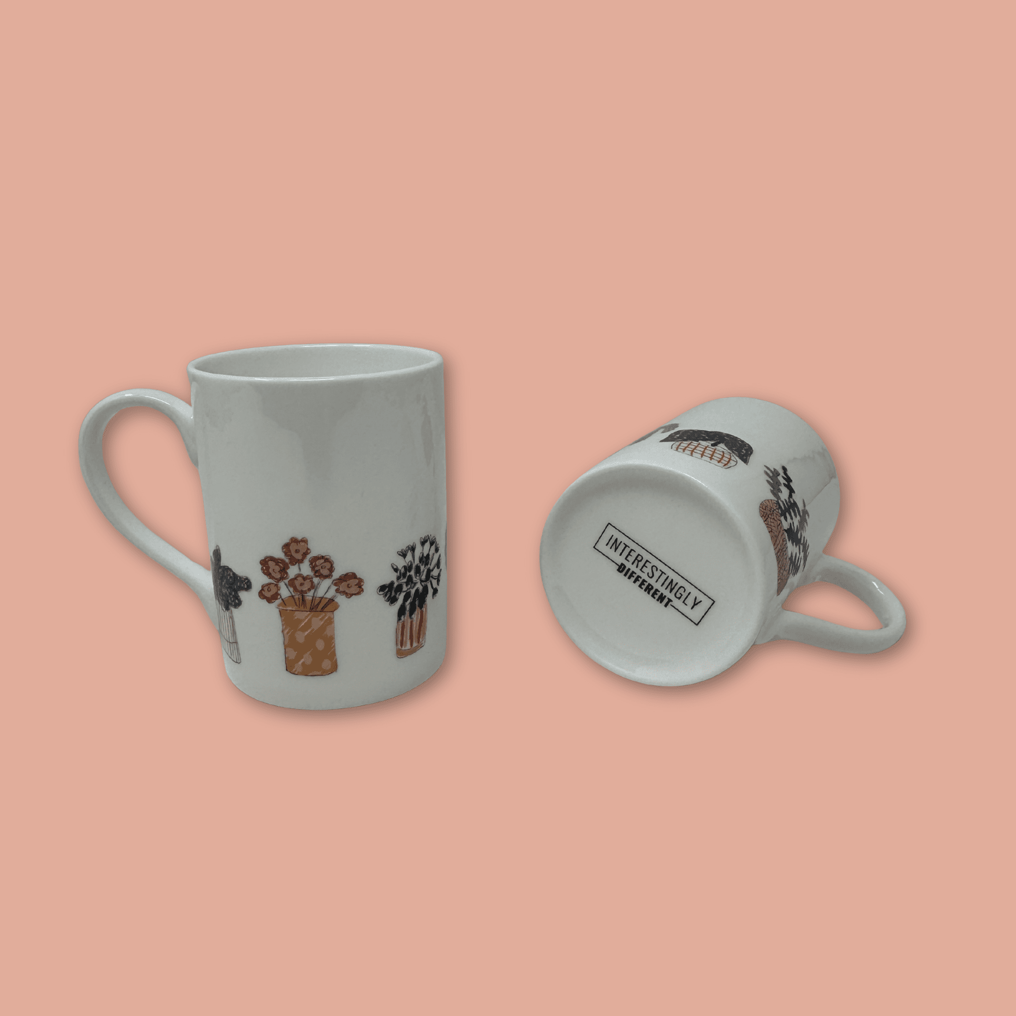 side and bottom view of fine china plant print mug